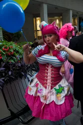 Size: 2581x3872 | Tagged: artist:bewitchedraven, balloon, clothes, corset, cosplay, custom, derpibooru import, dragoncon, dragoncon 2012, dress, gala dress, gummy, human, irl, irl human, perler beads, photo, pinkie pie, safe