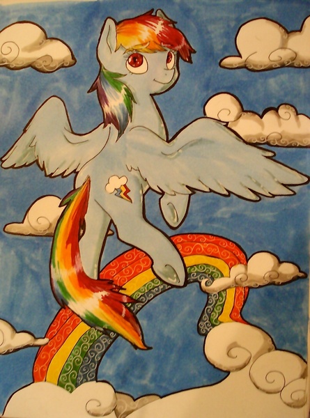 Size: 2041x2752 | Tagged: artist:cog-dis, cloud, cloudy, flying, rainbow dash, safe, sky, solo, traditional art