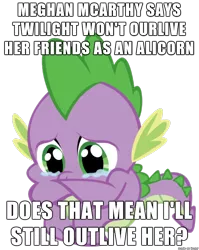 Size: 610x768 | Tagged: adventure in the comments, crying, image macro, immortality blues, mortal twilight, sad, safe, solo, spike, twilight will not outlive her friends