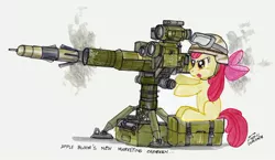 Size: 800x463 | Tagged: apple bloom, artist:buckweiser, derpibooru import, goggles, helmet, military, missile, safe, solo, tow missile