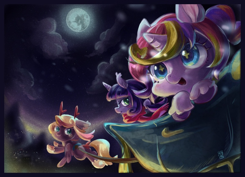 Size: 1450x1050 | Tagged: artist:akamei, cute, derpibooru import, filly, moon, night, oc, oc:blink, oc:miuya, oc:sami, pixiv, safe, sled, unofficial characters only