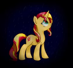 Size: 1000x930 | Tagged: safe, artist:maggymss, derpibooru import, sunset shimmer, pony, unicorn, rain, sad, solo