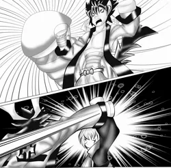 Size: 2504x2467 | Tagged: safe, artist:foruze-pony, derpibooru import, ponified, pony, black and white, clothes, comic, effects, grayscale, kenshin himura, male, manga, parody, rurouni kenshin, sanosuke sagara, stallion, wip