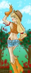 Size: 471x1089 | Tagged: apple, applejack, artist:himram, blushing, boots, clothes, cutie mark, daisy dukes, derpibooru import, gloves, human, humanized, orchard, ribbon, safe, solo, tanktop