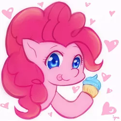 Size: 800x800 | Tagged: dead source, safe, artist:lyra-kotto, derpibooru import, pinkie pie, earth pony, pony, bust, colored pupils, cupcake, cute, diapinkes, female, heart, looking at you, mare, portrait, smiling, solo, tongue out