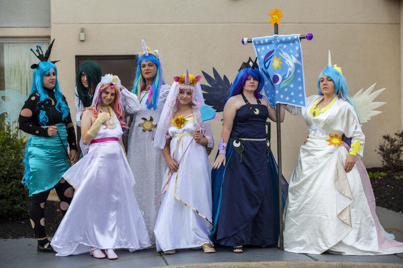 Size: 5616x3744 | Tagged: artist needed, canterlot gardens, convention, cosplay, derpibooru import, flag, group photo, human, irl, irl human, photo, princess cadance, princess celestia, princess luna, queen chrysalis, safe