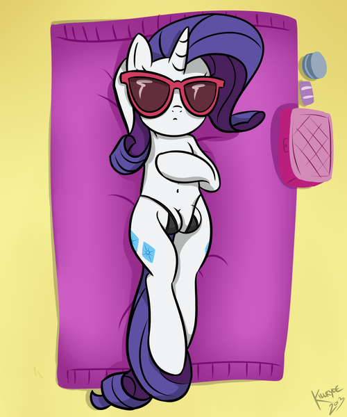 Size: 2000x2400 | Tagged: artist:killryde, beach, belly button, bikini, bra, bra on pony, clothes, crotchboobikini, crotchboobs, crotchbra, derpibooru import, female, panties, rarity, solo, solo female, suggestive, sunglasses, swimsuit, thong, thong swimsuit, underwear