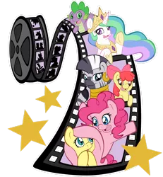 Size: 2356x2545 | Tagged: safe, artist:abbystarling, deleted from derpibooru, derpibooru import, apple bloom, fluttershy, pinkie pie, princess celestia, spike, zecora, pony, zebra, film, film reel, obtrusive watermark, simple background, transparent background