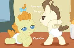 Size: 1280x838 | Tagged: suggestive, artist:acstlu, derpibooru import, pound cake, pumpkin cake, pegasus, pony, unicorn, baby, baby pony, baby talk, babycon, bedroom eyes, cake twins, colt, dialogue, diaper, duo, female, filly, foal, foalcon, horn, male, penis arm, plot, pose, siblings, twins, wat, wings, zimbabwe