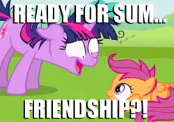 Size: 362x255 | Tagged: dementia, derpibooru import, friendship, image macro, lesson zero, safe, scary, scootaloo, screencap, twilight is a foal fiddler, twilight snapple, twilight sparkle