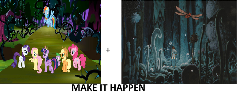 Size: 1112x504 | Tagged: safe, derpibooru import, applejack, fluttershy, pinkie pie, rainbow dash, rarity, twilight sparkle, twilight sparkle (alicorn), alicorn, pony, everfree forest, exploitable meme, female, fukai, make it happen, mare, meme, nausicaa of the valley of the wind, studio ghibli, toxic jungle, wingworm