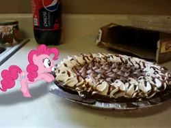 Size: 2592x1944 | Tagged: artist:quanno3, artist:tokkazutara1164, bread, chocolate, counter, cream, derpibooru import, irl, micro, photo, pie, pinkie pie, ponies in real life, product placement, safe, sink, soda, solo, tiny ponies, vector