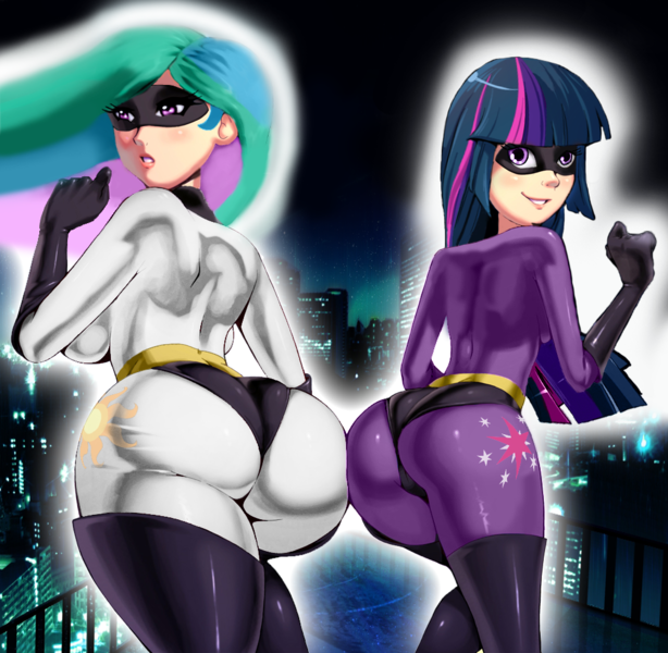 Size: 1000x977 | Tagged: artist:rammbrony, ass, bodysuit, breasts, curvy, derpibooru import, edit, female, huge butt, human, humanized, latex, latex suit, nudity, princess celestia, suggestive, sunbutt, superhero, the ass was fat, twibutt, twilight sparkle, wedgie