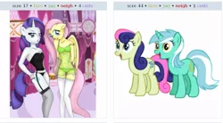 Size: 886x490 | Tagged: anorexic, anthro, artist:wickedsilly, bad anatomy, bon bon, breasts, busty rarity, clothes, derpibooru, derpibooru import, edit, exploitable meme, female, fluttershy, juxtaposition, juxtaposition win, lingerie, lyra heartstrings, meme, meta, panties, rarity, suggestive, sweetie drops, underwear