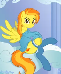 Size: 672x809 | Tagged: artist:brianblackberry, bedroom eyes, bottomless, clothes, derpibooru import, duckface, female, partial nudity, shirt, show accurate, socks, solo, solo female, spitfire, stockings, suggestive