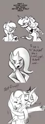 Size: 425x1161 | Tagged: safe, artist:fauxsquared, artist:herny, derpibooru import, princess luna, trixie, oc, luna-afterdark, comic, hug, monochrome, owl eyes