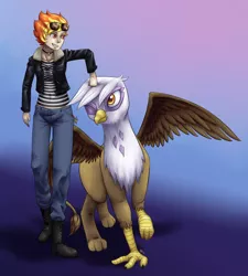 Size: 1280x1422 | Tagged: safe, artist:7nights, derpibooru import, gilda, spitfire, gryphon, human, bomber jacket, humanized, noogie