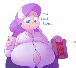 Size: 1280x1138 | Tagged: artist:secretgoombaman12345, ask chubby diamond, bbw, belly, belly button, big belly, button popping, chubby, chubby diamond, derpibooru import, diamond tiara, fat, human, humanized, mcdonald's, popped button, product placement, safe, solo, tight clothing, wardrobe malfunction