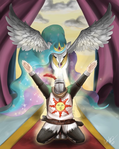 Size: 1200x1500 | Tagged: artist needed, source needed, safe, derpibooru import, princess celestia, alicorn, human, pony, crossover, dark souls, female, mare, praise the sun, solaire of astora, spread wings, sunbro, wings