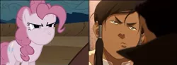 Size: 650x239 | Tagged: safe, derpibooru import, pinkie pie, angry pie, annoyed, coincidence, comparison, cute, discorded, frown, glare, korra, pouting, the legend of korra