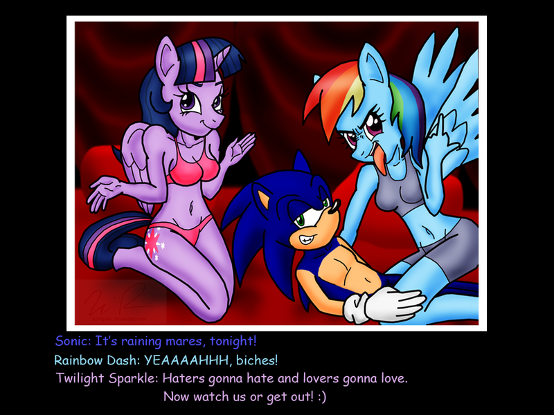 Size: 900x675 | Tagged: questionable, artist:sonigoku, derpibooru import, rainbow dash, twilight sparkle, twilight sparkle (alicorn), anthro, breasts, comic sans, dialogue, group sex, image, male, middle finger, png, sex, sonic the hedgehog, sonic the hedgehog (series), text, threesome, troll, troll art, twiface