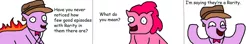 Size: 1024x181 | Tagged: 1000 hours in ms paint, artist:pewdie-pinkiepie, bowtie, clarence, comic, comic sans, derpibooru import, duo, fedora, hat, joke, ms paint, necklace, oc, oc:clarance, pinkie pie, rarity, safe, wat