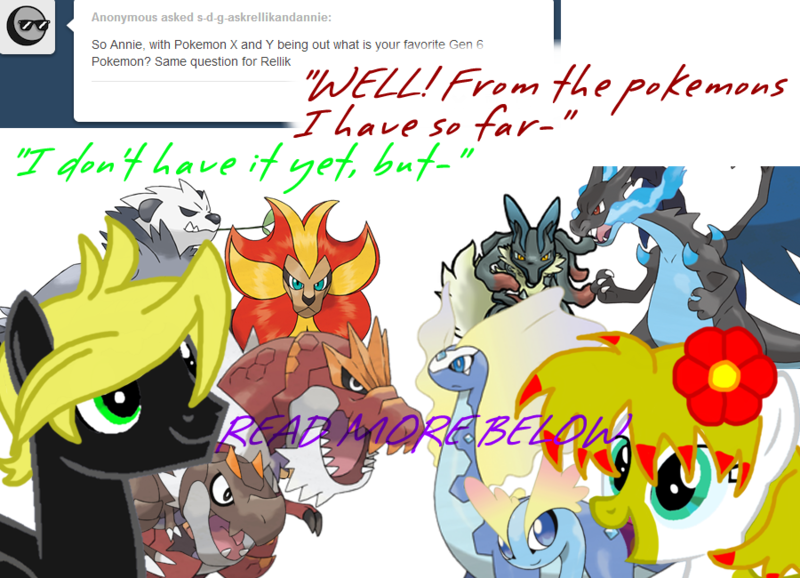 Size: 900x650 | Tagged: safe, artist:redeyesofra, derpibooru import, oc, amaura, aurorus, charizard, dinosaur, lucario, pony, pyroar, tyrantrum, tyrunt, crossover, dialogue, female, flower, male, mare, mega charizard x, mega evolution, mega lucario, pangaro, pokémon, pokémon x and y, stallion, text, tumblr