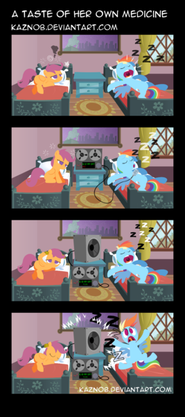 Size: 800x1800 | Tagged: artist:kaznob, comic, dashabuse, derp, derpibooru import, ear plugs, microphone, old master q, rainbow dash, revenge, safe, scootaloo, sleeping, snoring, speaker, squeans, tape recorder, zzz