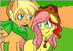 Size: 742x522 | Tagged: safe, artist:sunniedoodles, derpibooru import, oc, oc:apple rose, oc:lucky apple, unofficial characters only, earth pony, pegasus, pony, bbbff, blank flank, brother and sister, handkerchief, magical lesbian spawn, offspring, parent:applejack, parent:fluttershy, parents:appleshy, siblings