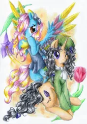 Size: 1639x2312 | Tagged: safe, artist:jedieldaniel, derpibooru import, oc, unofficial characters only, pegasus, pony, unicorn, bow, clothes, flower, hat, shy, wink