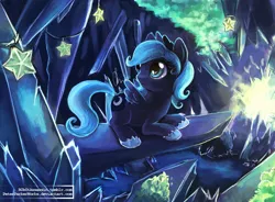 Size: 1339x987 | Tagged: safe, artist:r0b0tassassin, derpibooru import, princess luna, alicorn, pony, cave, crystal, filly, solo, woona, younger