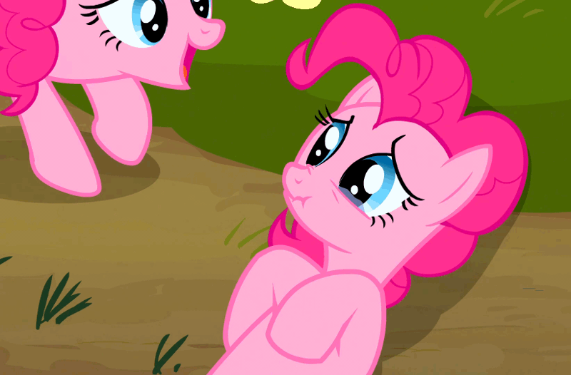 Size: 822x540 | Tagged: animated, clone, comforting, crying, cute, derpibooru import, diapinkes, hug, on back, one eye closed, open mouth, petting, pinkie clone, pinkie pie, sad, safe, screencap, scrunchy face, smiling, talking, too many pinkie pies, wink