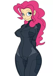 Size: 722x1023 | Tagged: artist:reiduran, bodysuit, breasts, busty pinkie pie, catsuit, curvy, derpibooru import, female, human, humanized, piercing, pinkie pie, safe, solo