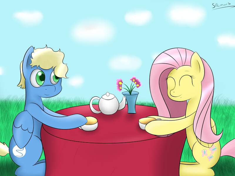 Size: 2000x1500 | Tagged: artist:spenws, cup, derpibooru import, flower, fluttershy, oc, oc:synthis, relaxing, safe, sun, tea, teacup, tea party, teapot, tea time