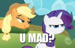 Size: 388x248 | Tagged: applejack, appletroll, caption, derpibooru import, duo, edit, edited screencap, hubble, hub logo, image macro, meme, rarity, rarity is not amused, safe, screencap, smugjack, the hub, the return of harmony, trollface, u mad