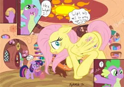 Size: 1075x756 | Tagged: safe, artist:kyokimute, derpibooru import, fluttershy, spike, twilight sparkle, pony, book, dialogue, door, funny, giant pony, giantess, golden oaks library, growth, macro, magic, plot, spell gone wrong