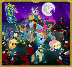 Size: 4594x4307 | Tagged: safe, artist:athos01, derpibooru import, applejack, caramel, doctor whooves, fluttershy, pinkie pie, queen chrysalis, rainbow dash, rarity, spike, time turner, twilight sparkle, ponified, changeling, cyborg, pony, absurd resolution, armor, bipedal, canterlot, crossover, fight, hive tyrant, hormagaunt, mane seven, mane six, marneus calgar, moon, night, party cannon, power armor, powered exoskeleton, purity seal, red changeling, space marine, tyranids, ultramarine, warhammer (game), warhammer 40k