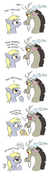 Size: 910x3060 | Tagged: safe, artist:joakaha, derpibooru import, derpy hooves, discord, pegasus, pony, comic, derpcord, dialogue, female, flirting, magic, male, mare, shipping, straight