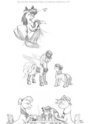 Size: 1000x1375 | Tagged: apple bloom, applejack, artist:baron engel, clothes, derpibooru import, granny smith, monochrome, morning ponies, oc, pencil drawing, safe, sketch dump, table, traditional art