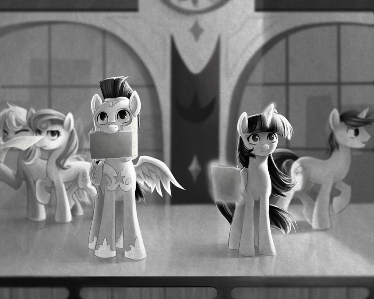 Size: 1000x800 | Tagged: safe, artist:chryseum, derpibooru import, flash sentry, twilight sparkle, twilight sparkle (alicorn), alicorn, pony, cute, disney, female, flashlight, folder, grayscale, hilarious in hindsight, magic, male, mare, monochrome, mouth hold, notebook, paperman, parody, shipping, smiling, straight, telekinesis, train station, waiting