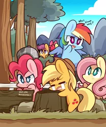Size: 1000x1200 | Tagged: safe, artist:lifeloser, derpibooru import, apple bloom, applejack, bloomberg, fluttershy, pinkie pie, rainbow dash, scootaloo, earth pony, pegasus, pony, apple bloom's bow, applejack's hat, bow, chibi, cowboy hat, crying, crying on the outside, detective, female, filly, hair bow, hat, implied cutie mark crusaders, mane bow, mare, question mark, sherlock holmes, tree, yay