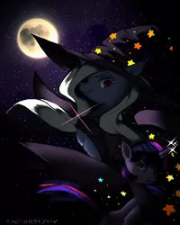 Size: 2300x2876 | Tagged: safe, artist:mokscha, derpibooru import, trixie, twilight sparkle, pony, unicorn, backlighting, dark, duo, female, full moon, mare, moon, night, profile, starry night, stars, unicorn twilight