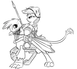 Size: 800x724 | Tagged: safe, artist:xioade, derpibooru import, gilda, rainbow dash, gryphon, black and white, bridle, cavalry, drawfag, grayscale, hat, history, islam, lance, monochrome, ponies riding griffons, reins, riding, russia, russian, saddle, soldier, stirrups, sword, tatar, turkic, warrior, weapon