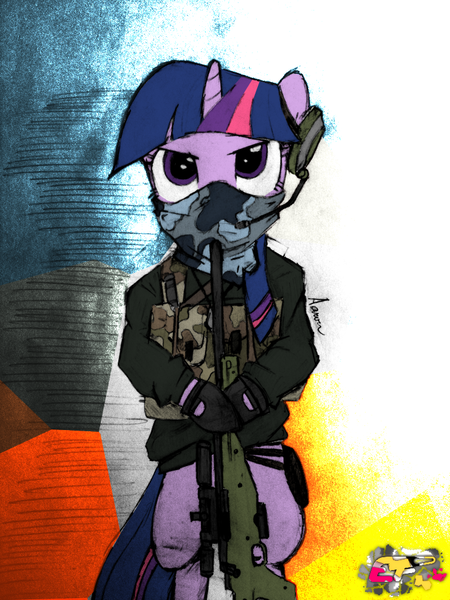 Size: 768x1024 | Tagged: safe, artist:evoraflux, derpibooru import, twilight sparkle, pony, unicorn, arctic warfare, battlefield 3, bipedal, female, gun, hooves, horn, mare, optical sight, rifle, sniper rifle, solo, weapon