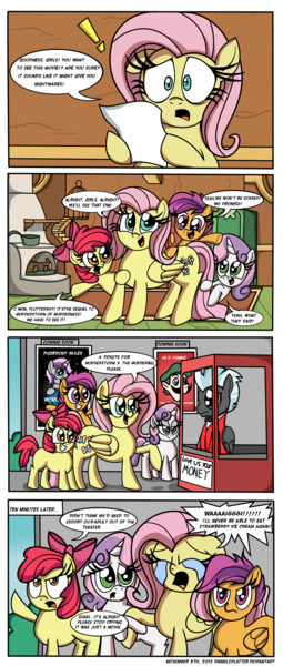 Size: 1000x2355 | Tagged: apple bloom, artist:daniel-sg, cinema, comic, crying, cutie mark crusaders, derpibooru import, fluttershy, meme, oc, oc:digibrony, safe, scootaloo, sweetie belle, thunderlane, weegee