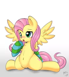 Size: 1500x1650 | Tagged: artist:average-hanzo, belly button, blushing, chest fluff, clothes, derpibooru import, featureless crotch, female, fluttershy, socks, solo, solo female, splits, striped socks, suggestive