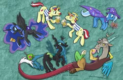 Size: 968x635 | Tagged: antagonist, artist:spainfischer, cup, cup art, derpibooru import, discord, drink, flam, flim, flim flam brothers, nightmare moon, queen chrysalis, safe, sketch dump, trixie