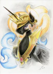 Size: 2473x3433 | Tagged: safe, artist:dragonademetal, derpibooru import, nightmare star, princess celestia, alicorn, pony, corrupted, nightmarified, princess, solo, sombra eyes, traditional art