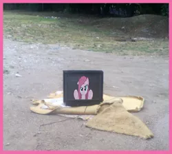 Size: 558x499 | Tagged: creepy, derpibooru import, irl, photo, pinkamena diane pie, pinkie pie, safe, television