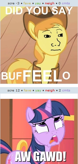 Size: 252x531 | Tagged: aw gawd, braeburn, buffalo, clothes, cropped, derpibooru, derpibooru import, edit, edited screencap, exploitable meme, feels, hat, image macro, juxtaposition, juxtaposition win, meme, meta, omg, over a barrel, pun, safe, screencap, that feel, twilight sparkle, vest